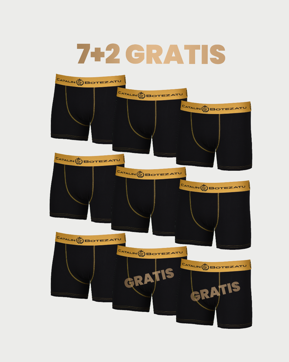Pachet promo 7+2 boxeri bărbați negri cu auriu din bumbac premium by Cătălin Botezatu